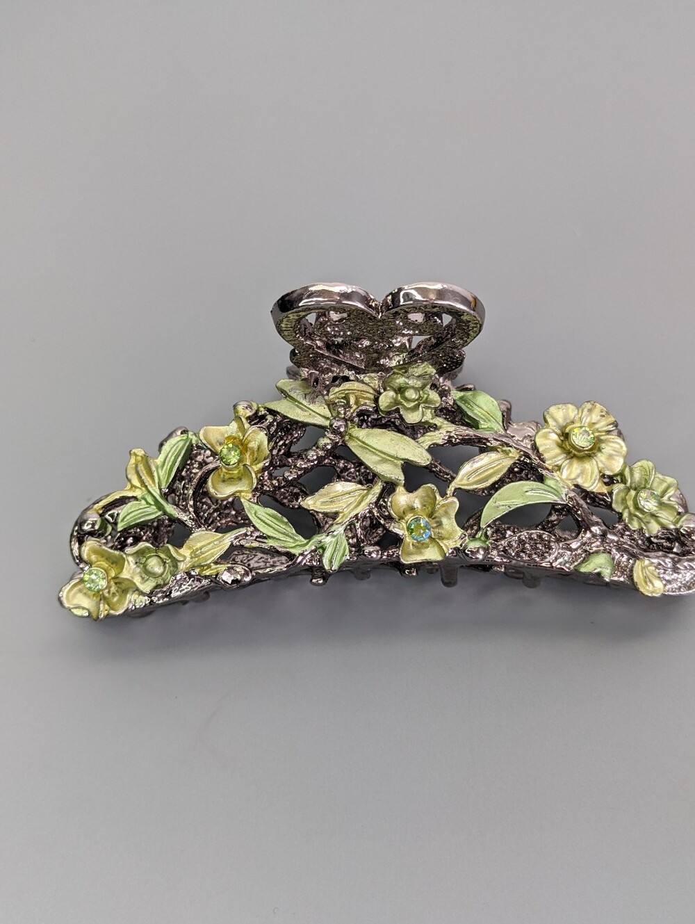 Vintage Heavy Metal Enamel Floral Hair Clip With Rhinestones 1960s 1970s Era
